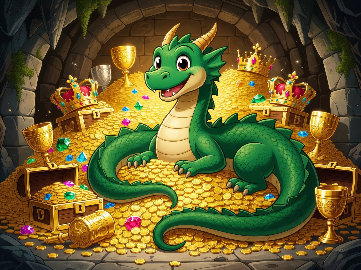 Cartoon Dragon Vault Gold Treasure Illustration with mountains of gold and dynamic dragon shadows