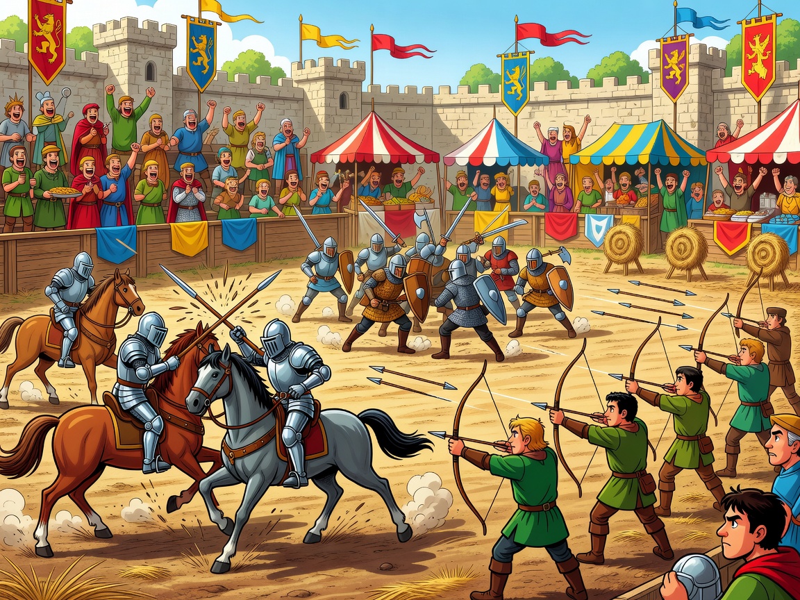 Cartoon Grand Tournament Ground Illustration depicting crowded stadium banners and a wooden fence