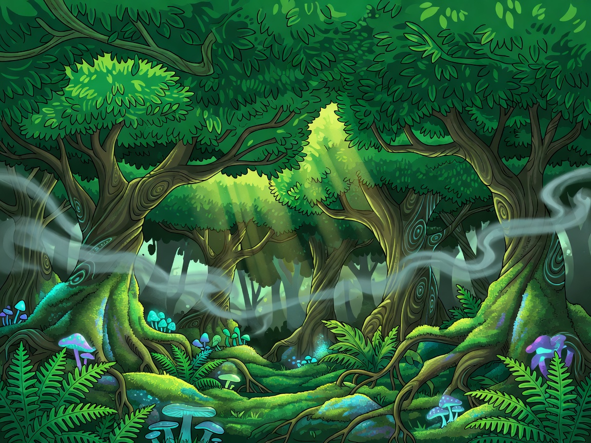 Cartoon Mystic Forest Green Canopy Illustration showcasing glowing magical trees and stone arches