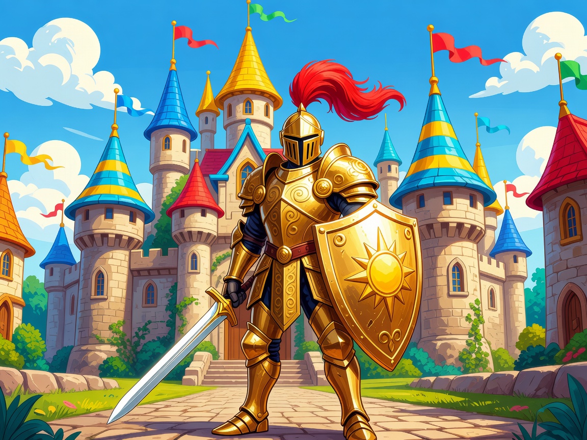 Vibrant Golden Knight Cartoon Castle Illustration showing majestic towers and banners